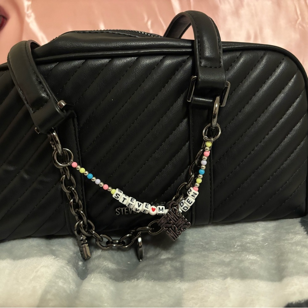 Steve Madden Black Quilted Satchel with Multicolor Bead Charm